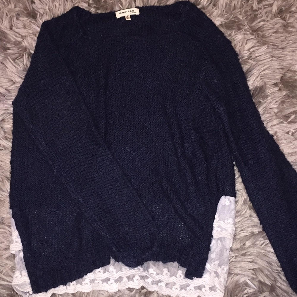 Navy blue sweater with lace detailing